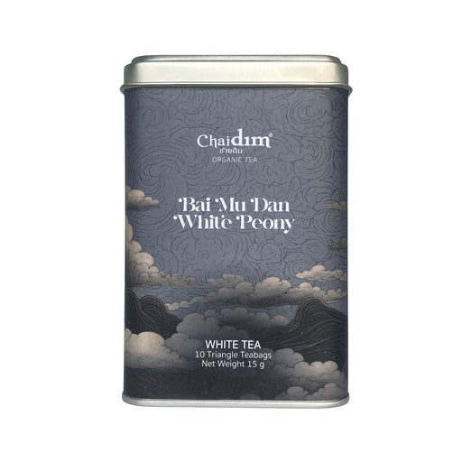 Chaidim Bai Mu Dan White Peony Tea 10 Teabags Seasonal Collection tin front view organic white tea Thailand