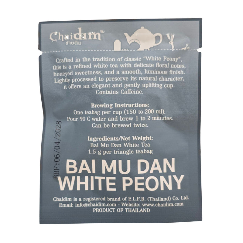 Chaidim Bai Mu Dan White Peony individual teabag back brewing instructions ingredients organic white tea