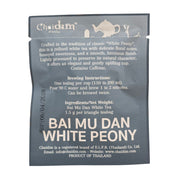 Chaidim Bai Mu Dan White Peony Tea teabag sachet back with brewing instructions, 1.5 g per triangle teabag