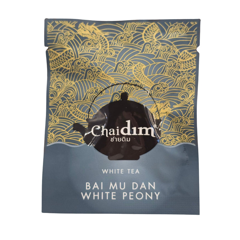 Chaidim Bai Mu Dan White Peony individual teabag front blue gold dragon wave design organic white tea Thailand