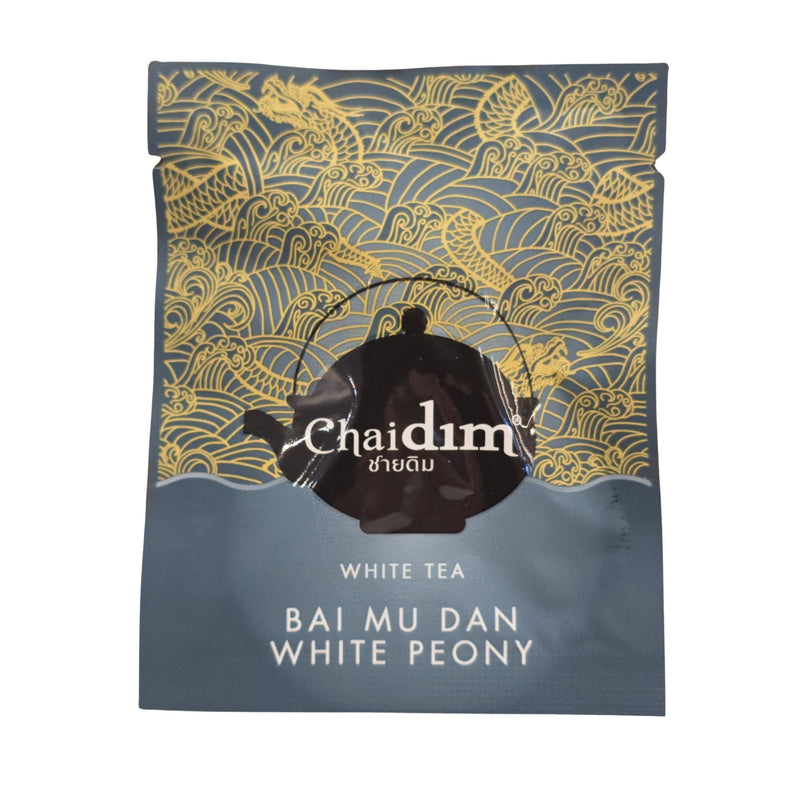 Chaidim Bai Mu Dan White Peony Tea individual triangle teabag sachet front, organic white tea from Northern Thailand