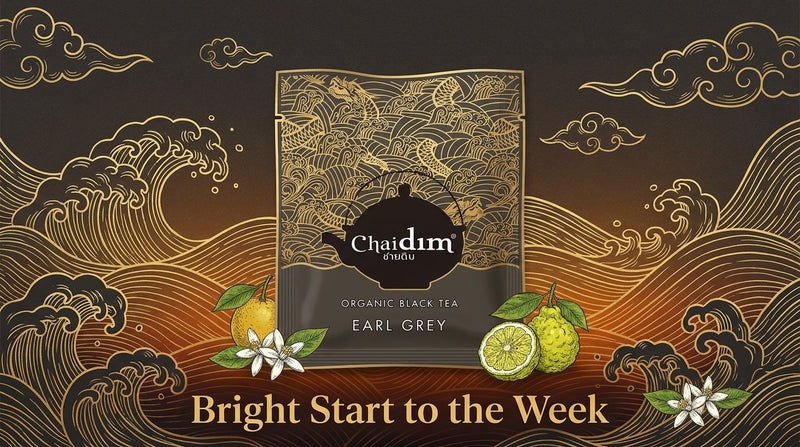 Chaidim Earl Grey Black Tea sachet over Northern Thailand tea terraces at sunrise — Organic Black Tea, Grown in Northern Thailand