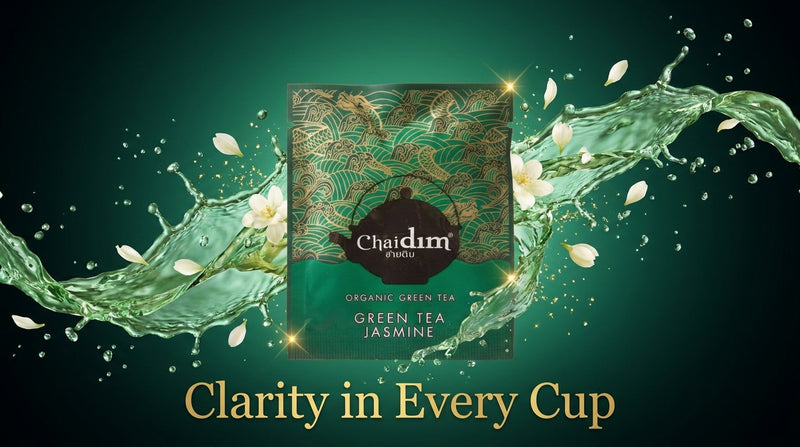 Chaidim Green Tea Jasmine sachet in a jade tea splash with jasmine petals — Clarity in Every Cup