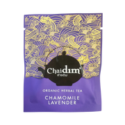 Purple package of Chaidim organic herbal tea with chamomile lavender flavor on a white background