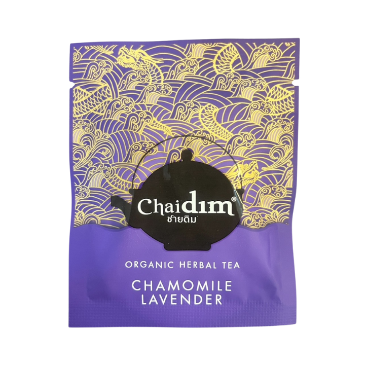 Purple package of Chaidim organic herbal tea with chamomile lavender flavor on a white background