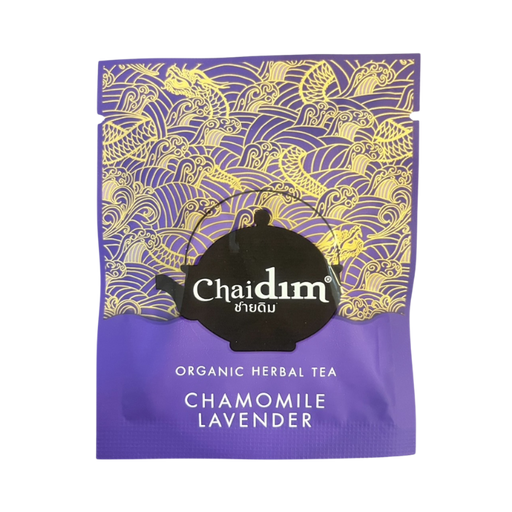 Purple package of Chaidim organic herbal tea with chamomile lavender flavor on a white background