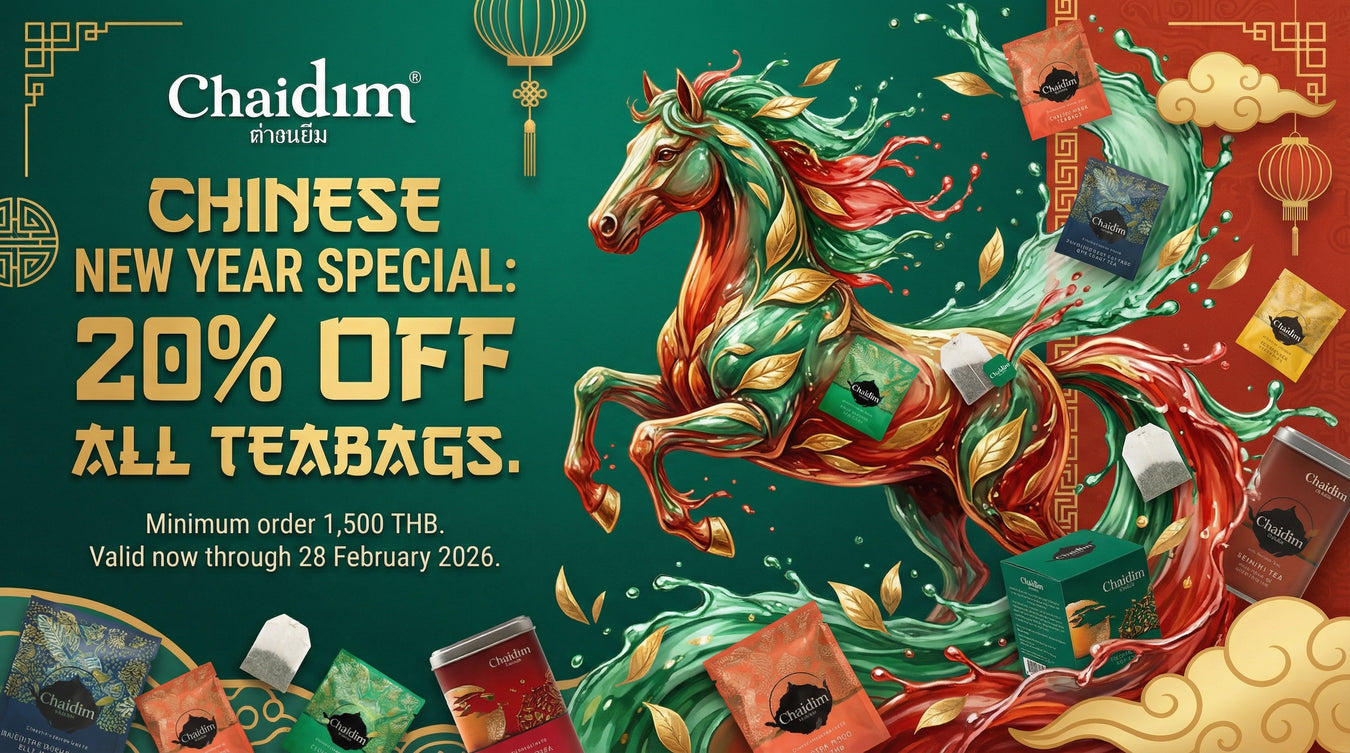 Promotional graphic for Chaidim Chinese New Year Special with a colorful horse and tea packaging. FINAL DAYS! 20% OFF Chaidim Teabags!